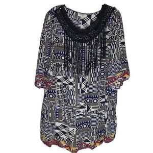 Umgee Scoop Neck Tunic Top Crocheted Embroidered Beaded Fringed Accents